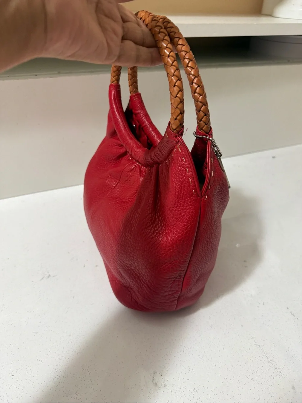 Fossil Red Leather Handbag with Braided Handles